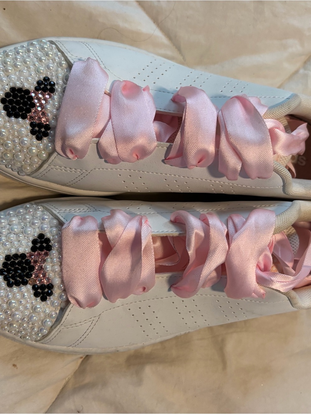adidas Originals White Sneakers with Pink Satin Laces and Pearl Accents